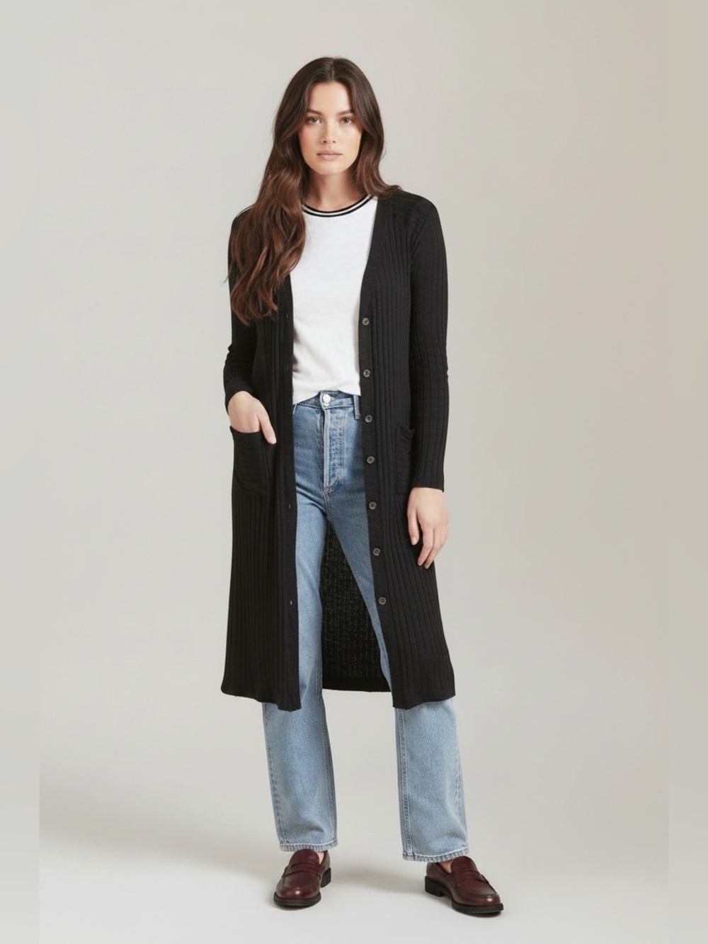 Anthropologie Micheal Stars Ribbed knit Charcoal Grey long line duster cardigan